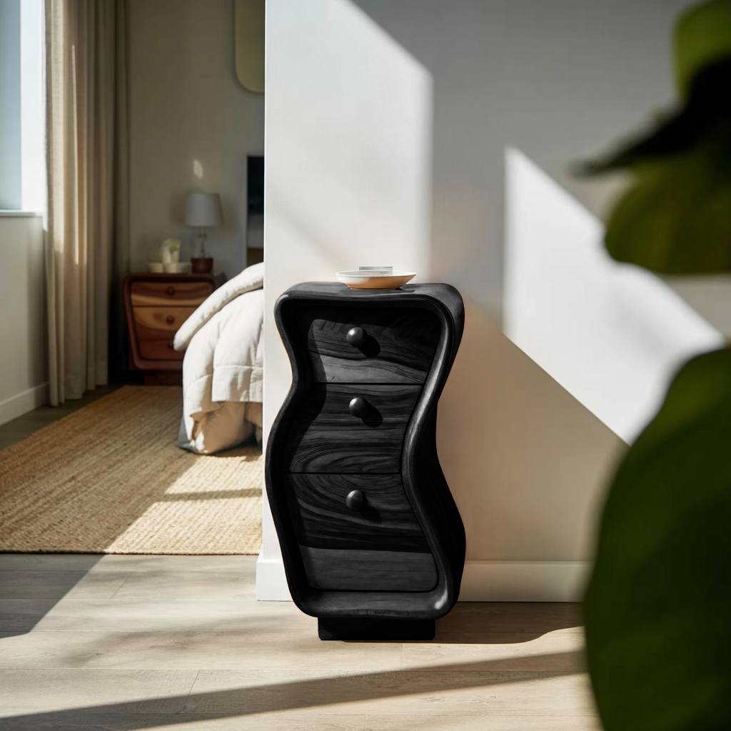 Wavy Sculpted Nightstand With Drawers For Bedroom And Contemporary Interior