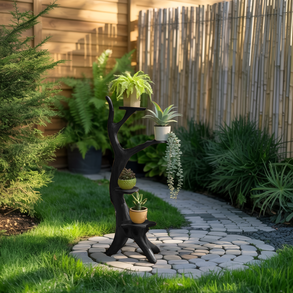 Organic Tree Branch Plant Stand For Garden And Patio Use