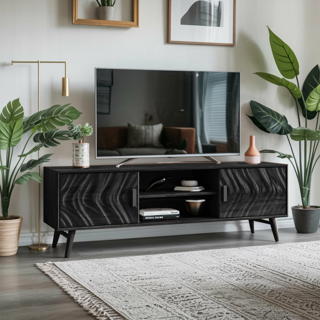 Mid Century TV Stand Wave Cabinet For Living Room And Media