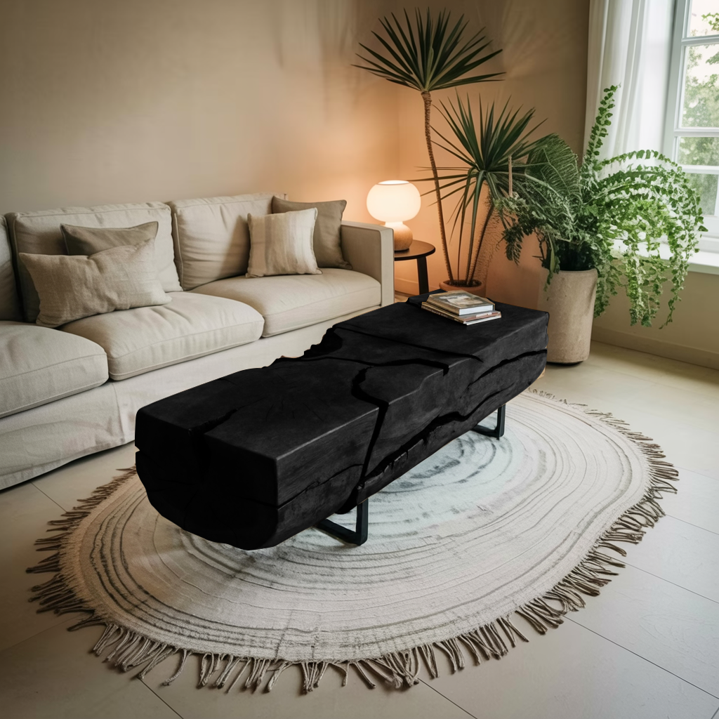 Organic Coffee Table With Charred Cracks For Living Room