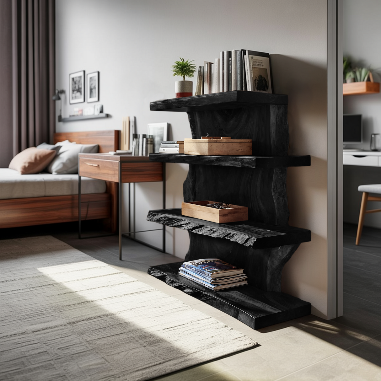 Modern Wooden Live Edge Standing Shelf For Entryway Storage Decor