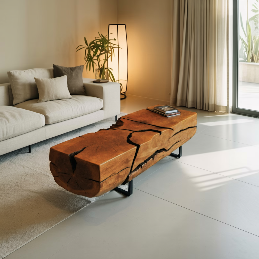 Organic Coffee Table With Charred Cracks For Living Room