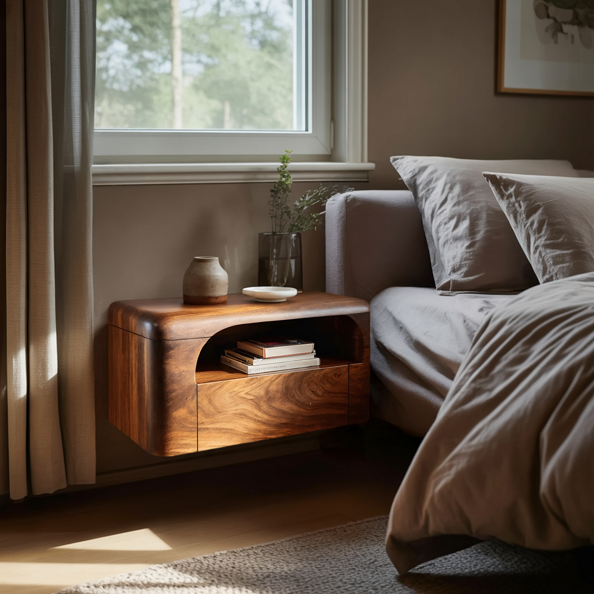 Organic Wall Mounted Bedside Table With Drawer For Bedroom