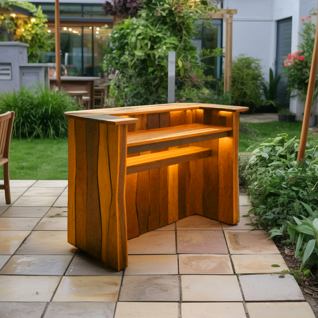 Rustic Live Edge Bar Counter With Lighting For Patio