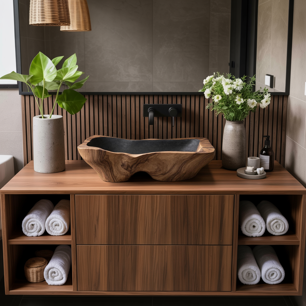 Mid Century Rustic Wooden Vessel Sink For Bathroom Ideas