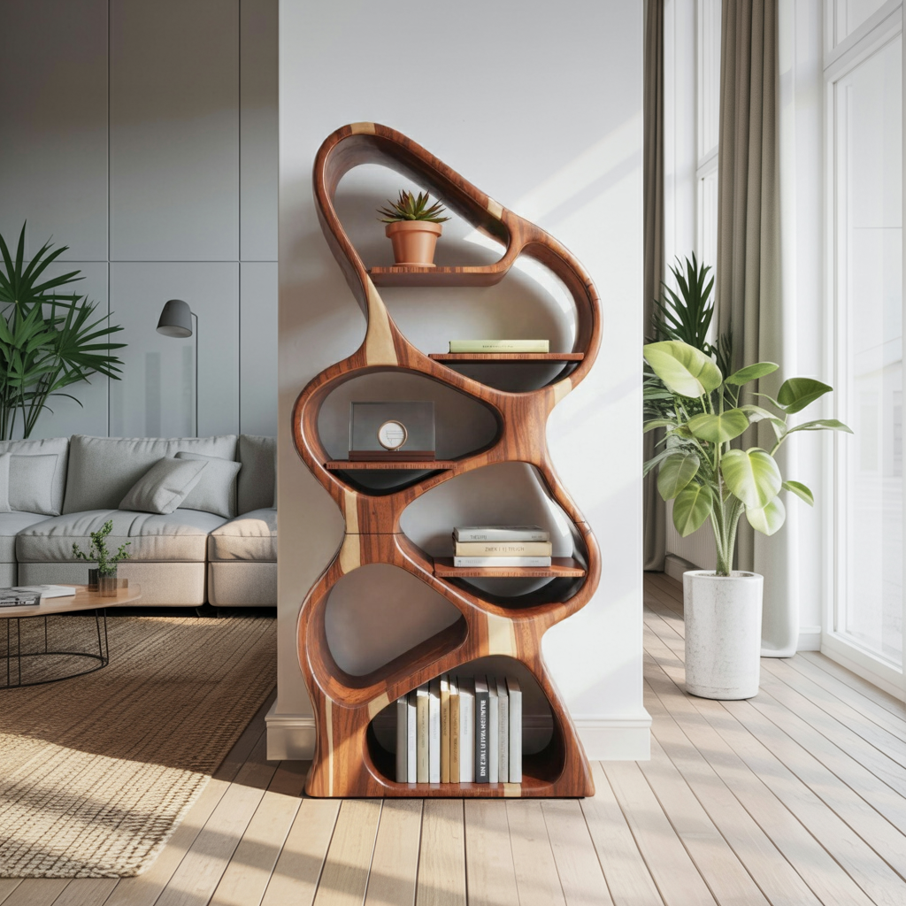 Modern Sculptural Bookshelf With Flowing Shelves For Home Library And Living Room