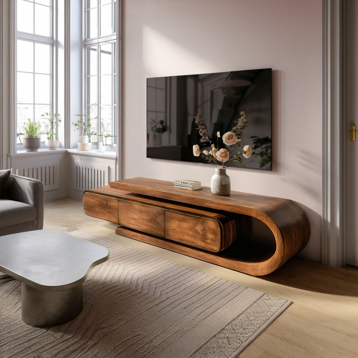Contemporary Curved Wooden TV Console For Living Room