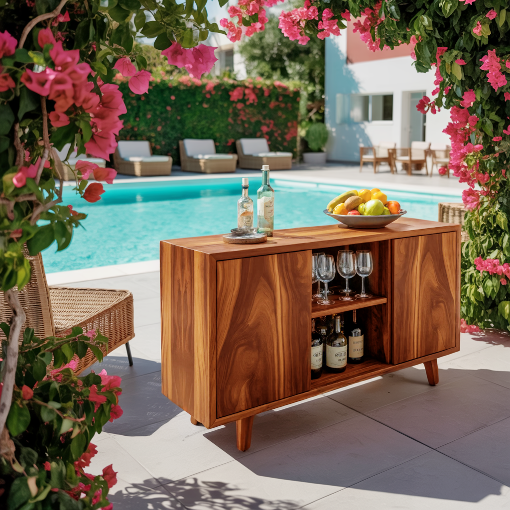 Mid Century Outdoor Bar Cabinet With Wine Storage For Patio