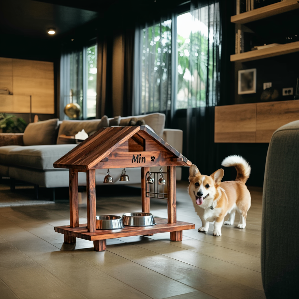 Mid Century Elevated Pet Food Stand For Dogs