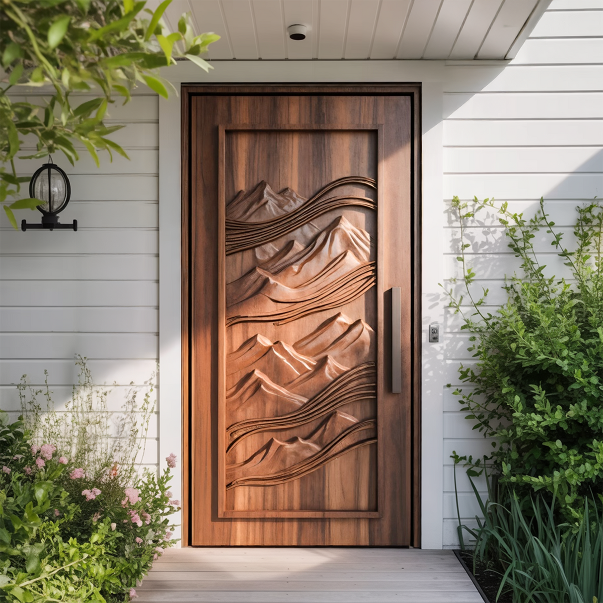 Rustic Carved Front Door With Mountain Design For Cabin Or Lodge
