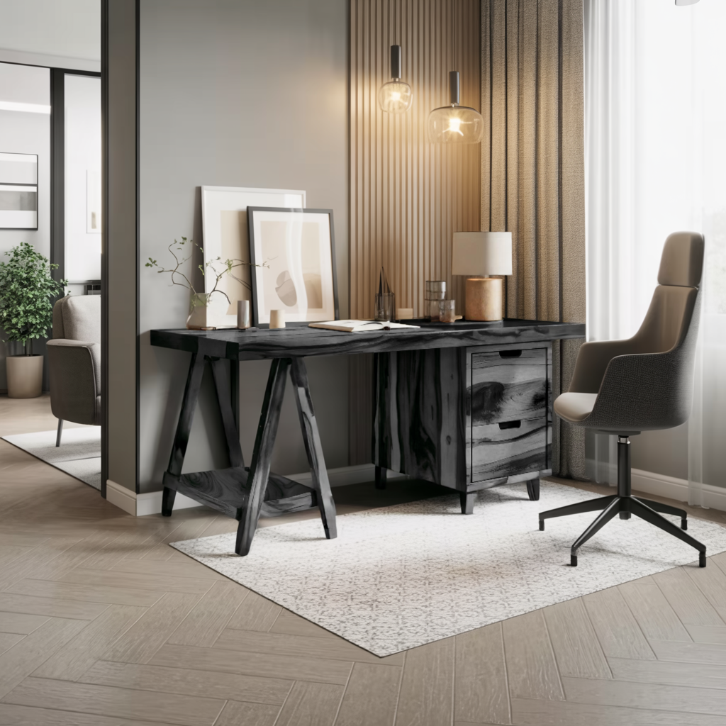 Modern Rustic Wood Desk With Drawers And A Frame Legs For Home Office