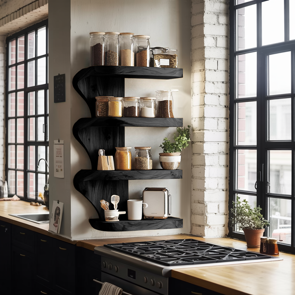 Mid Century Kitchen Decor With Wooden Spice Organizer