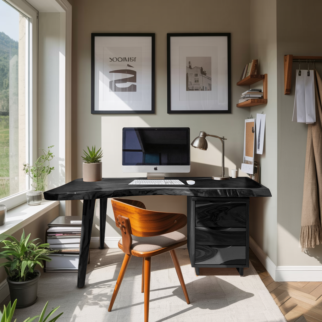 Modern Live Edge Wooden Desk With Drawers For Home Office Or Studio