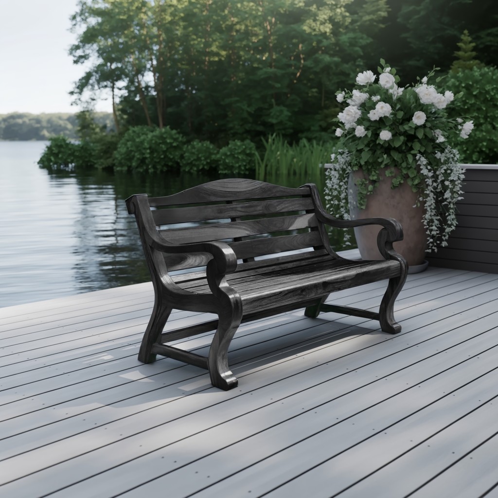 Classic Curved Wood Garden Bench With Sculpted Arms For Patio Or Entryway