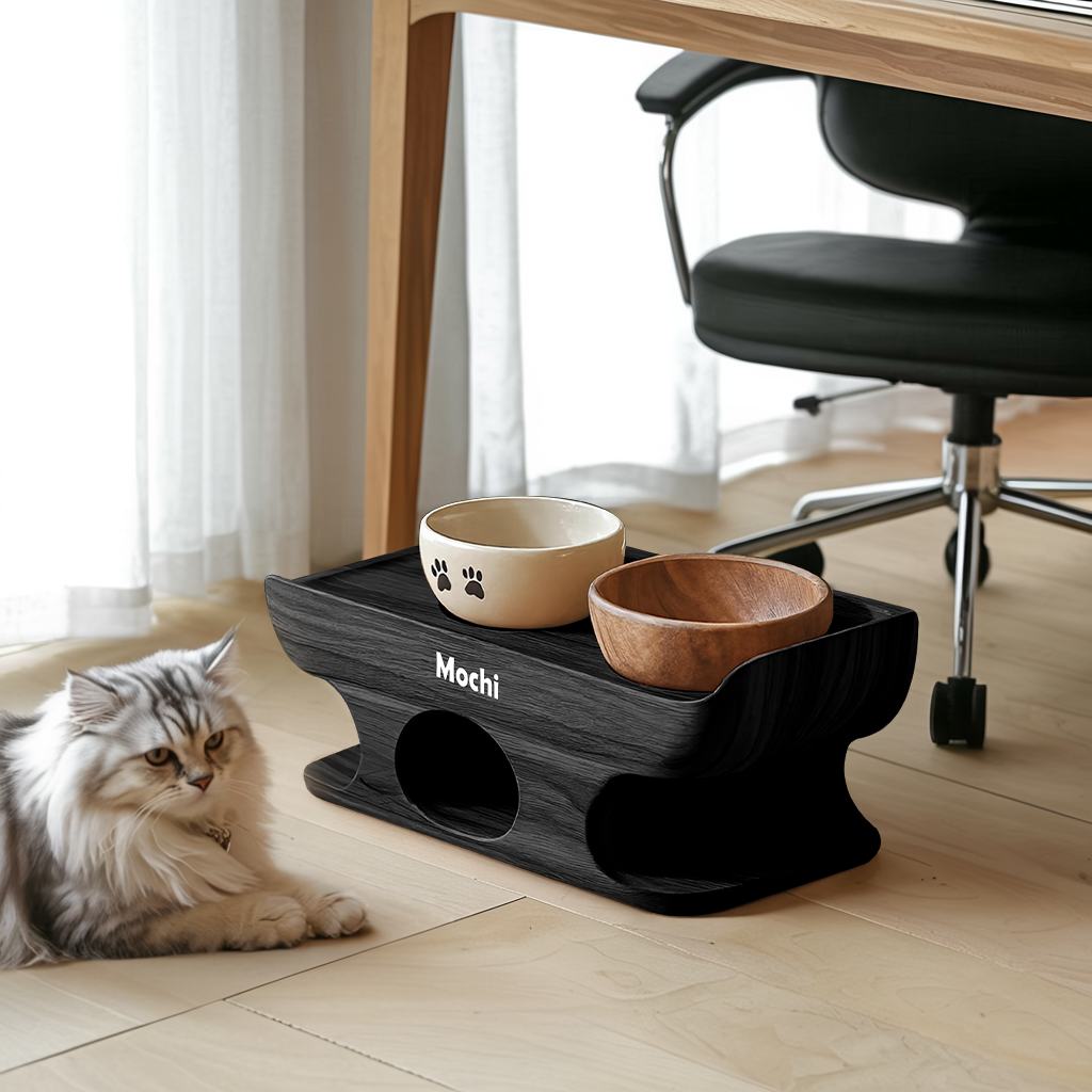 Mid Century Dog Food Bowl Stand With Wooden Base