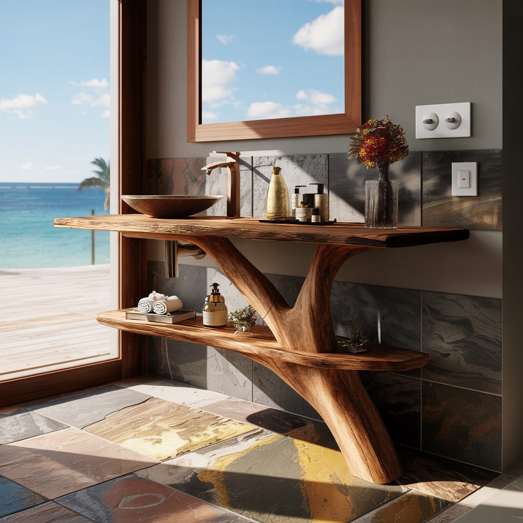 Mid Century Wooden Live Edge Bathroom Vanity For Luxury Home Decor