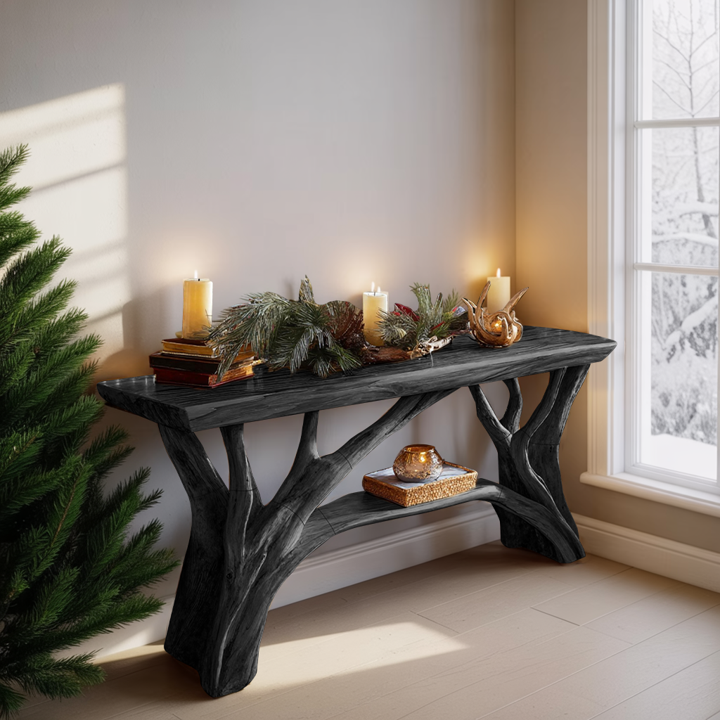 Rustic Wooden Live Edge Console Table For Christmas Living Room