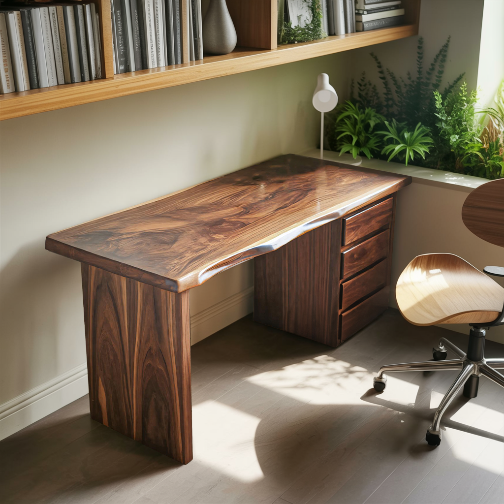 Rustic Live Edge Wooden Desk With Drawers For Home Office Or Study
