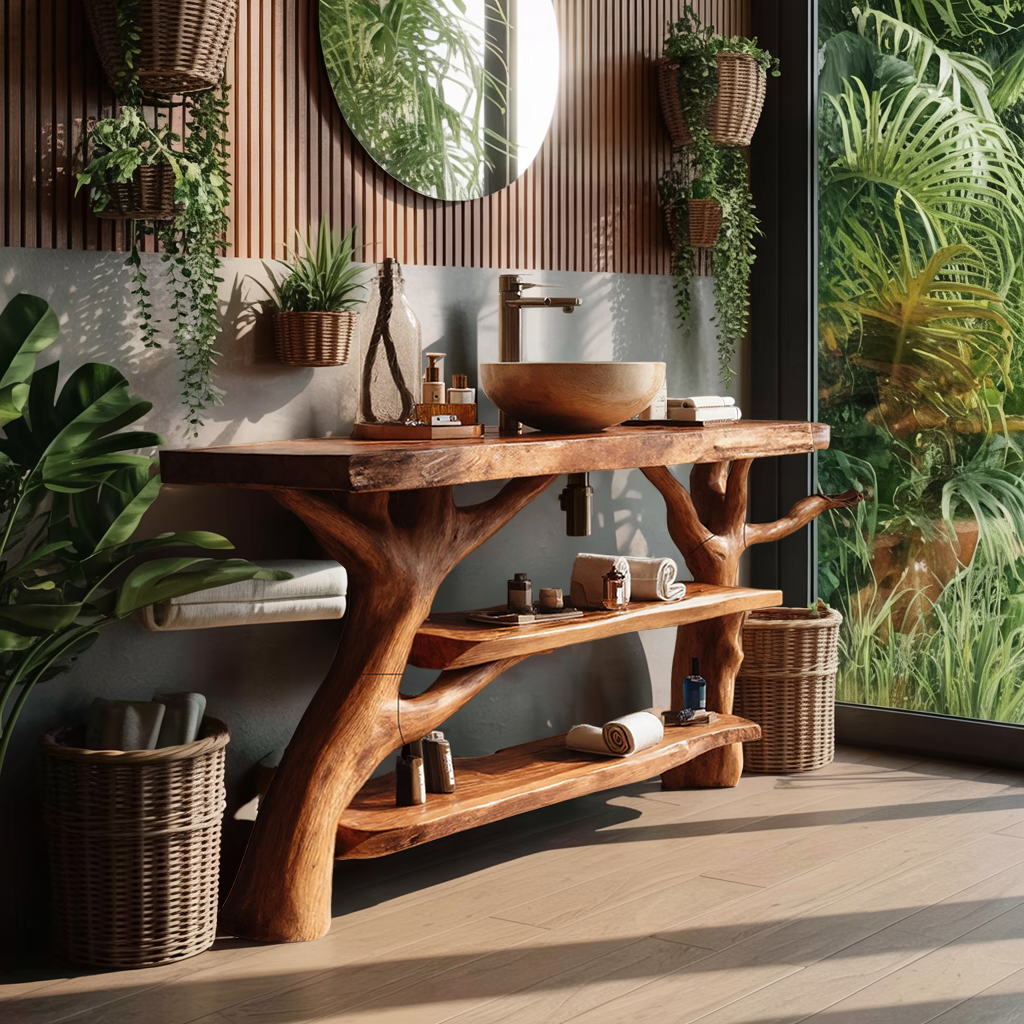Mid Century Wooden Live Edge Bathroom Vanity For Stylish Home Furniture
