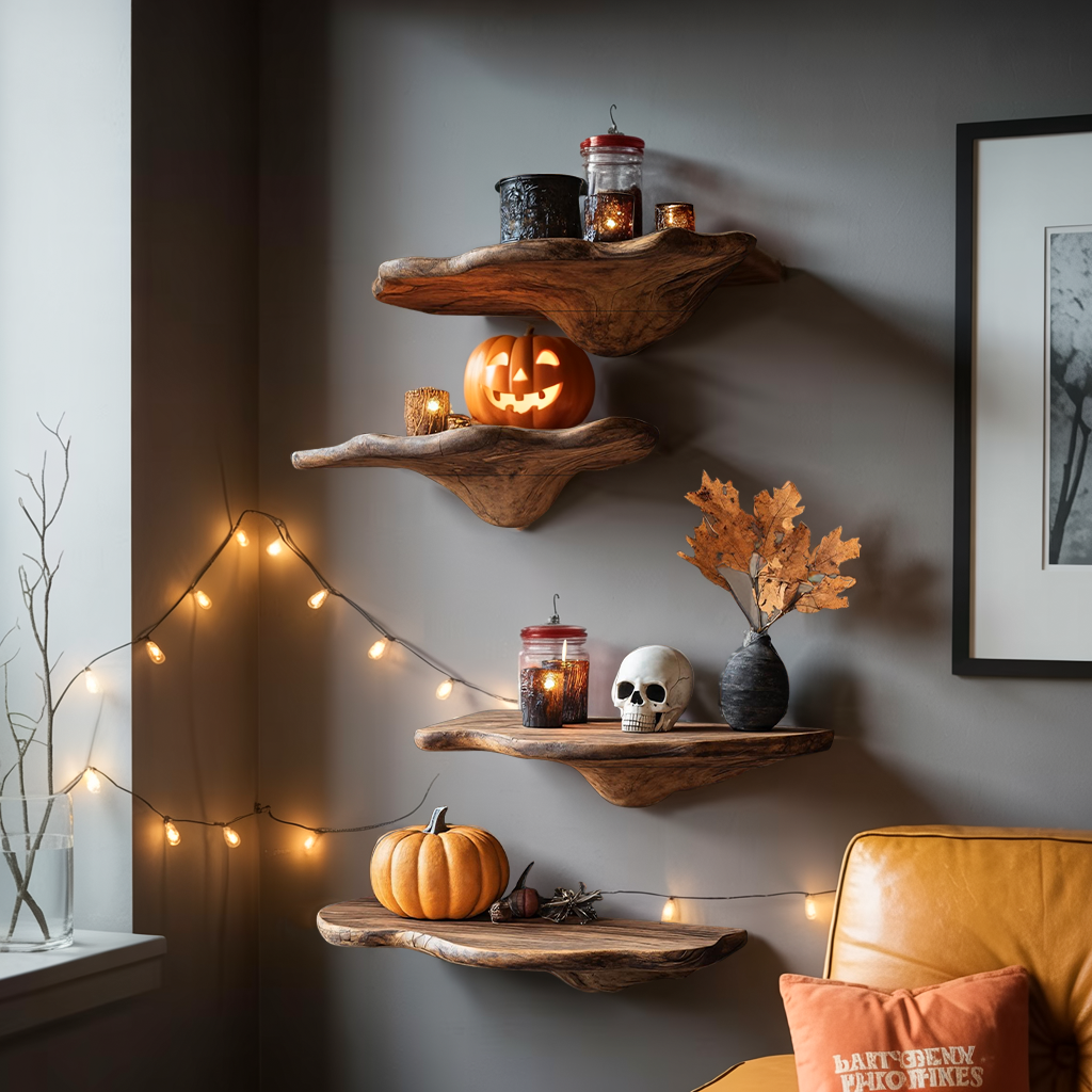 Farmhouse Solid Wood Mushroom Shelf For Halloween Entryway Style