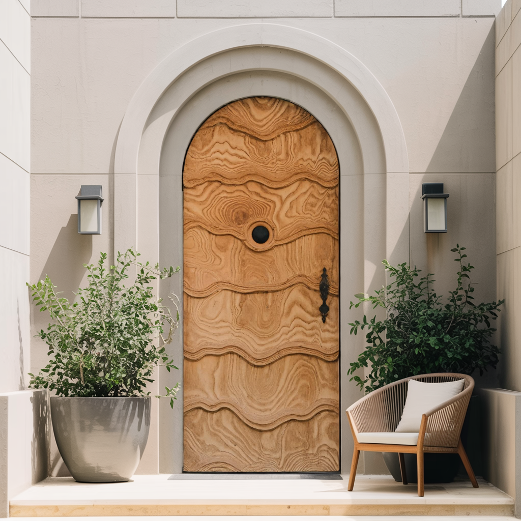 Artistic Arched Front Door With Carved Wave For Villa Or Architecture