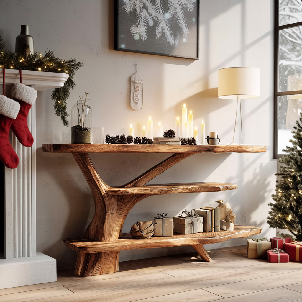 Farmhouse Wooden Live Edge Console Table For Xmas Entryway Seasonal Accent
