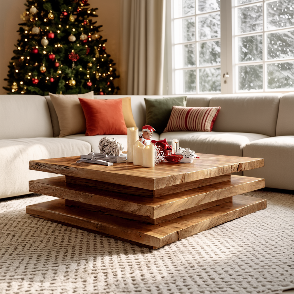 Rustic Wooden Live Edge Coffee Table For Christmas Living Room