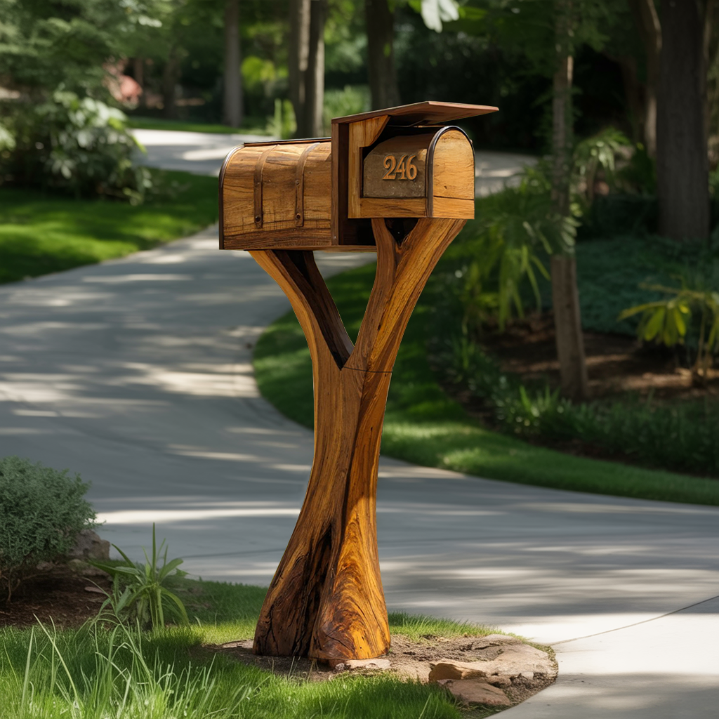 Farmhouse Wooden Sculpture Mailbox For Garden Yard Rustic Accent