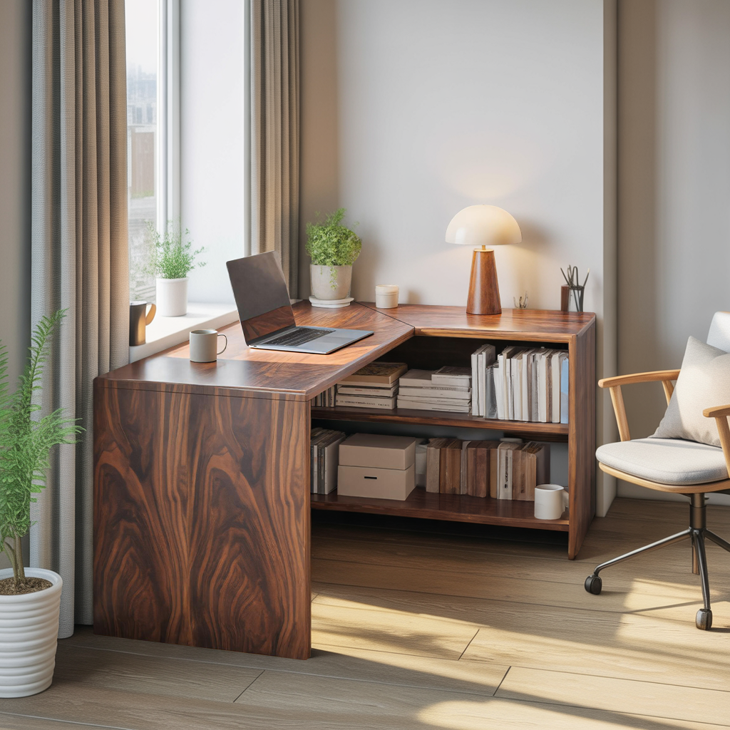 Modern L Shaped Wooden Desk With Bookshelf For Home Office Or Study