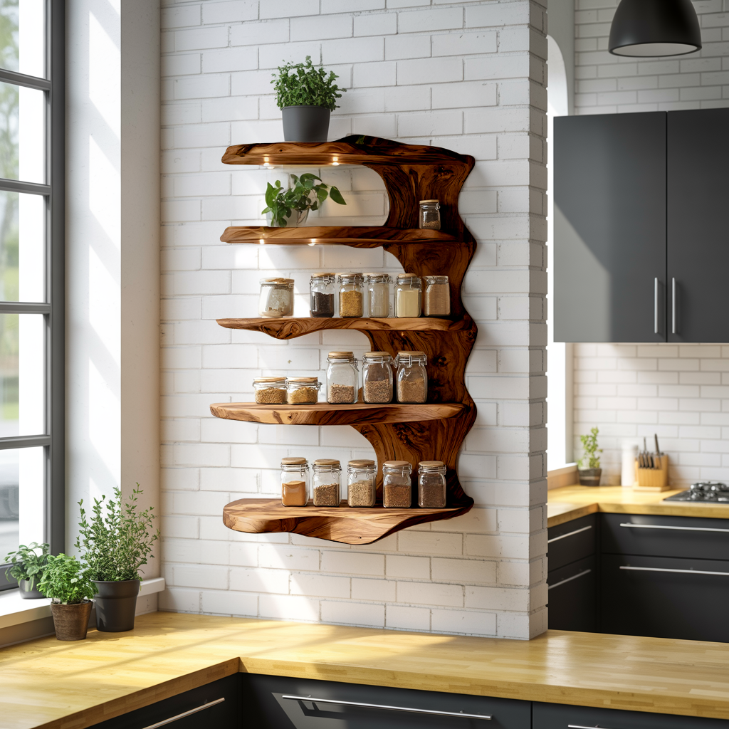 Rustic Kitchen Decor Wooden Spice Storage Shelf