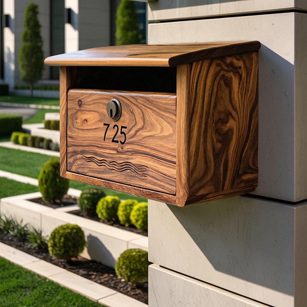 Modern Wooden Sculpture Mailbox For Outdoor Patio Rustic Furniture