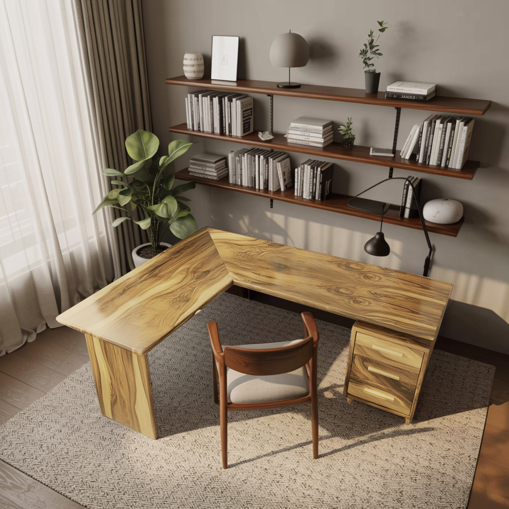 Modern L Shaped Wood Desk With Drawers For Home Office Or Vanity