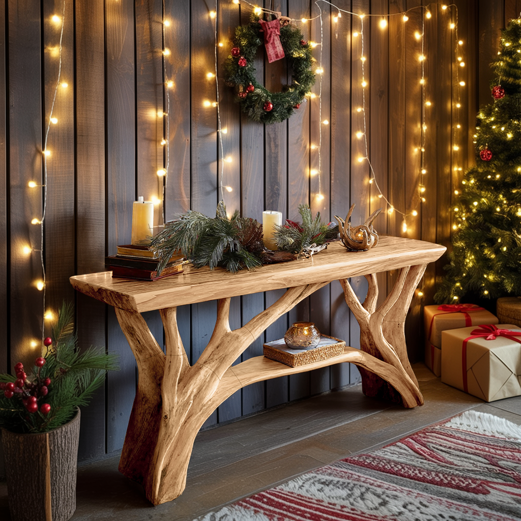 Rustic Wooden Live Edge Console Table For Christmas Living Room