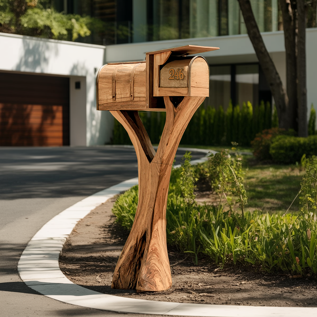 Farmhouse Wooden Sculpture Mailbox For Garden Yard Rustic Accent