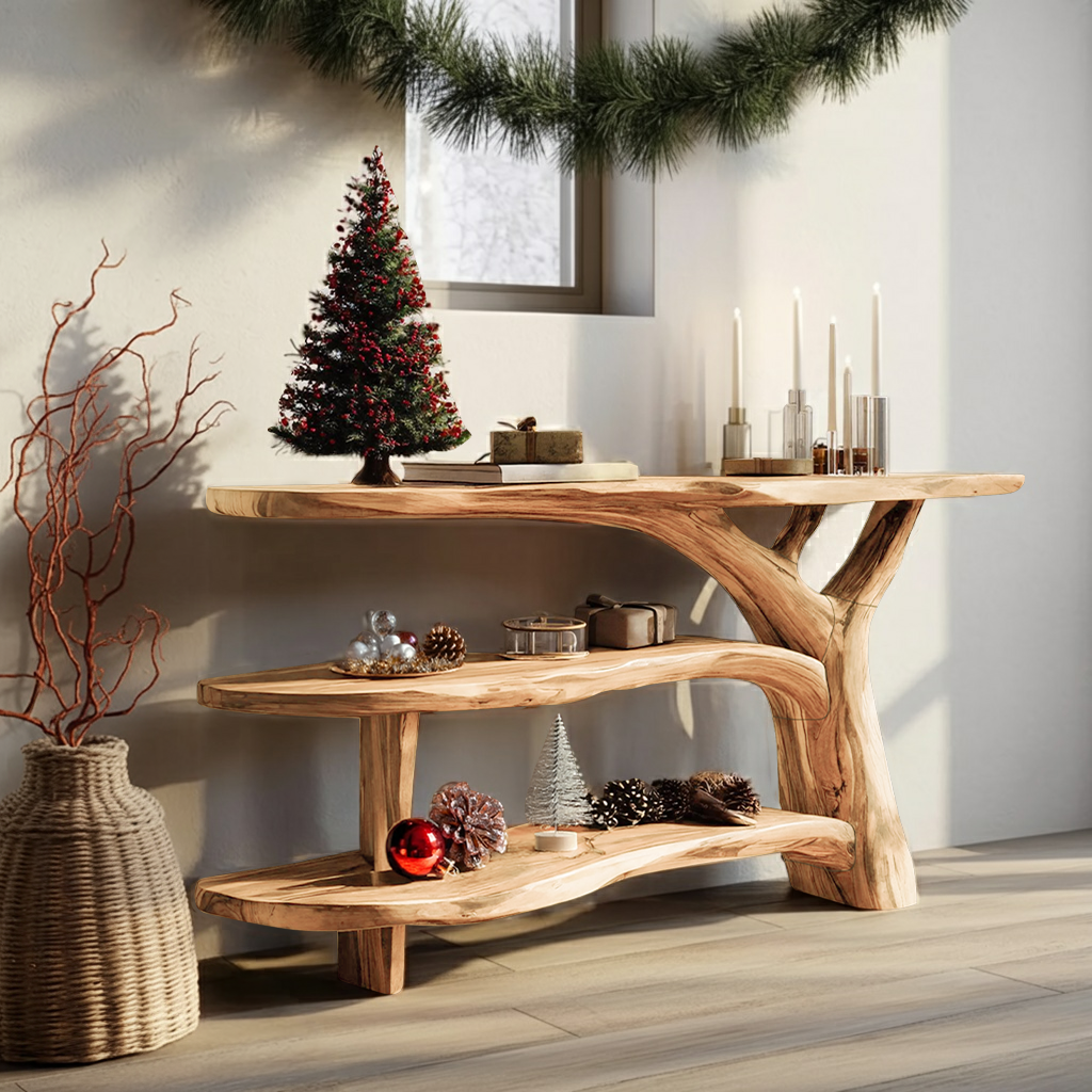 Modern Wooden Live Edge Console Table For Holiday Living Room Xmas Accent