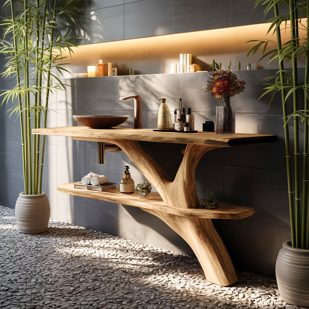 Mid Century Wooden Live Edge Bathroom Vanity For Luxury Home Decor