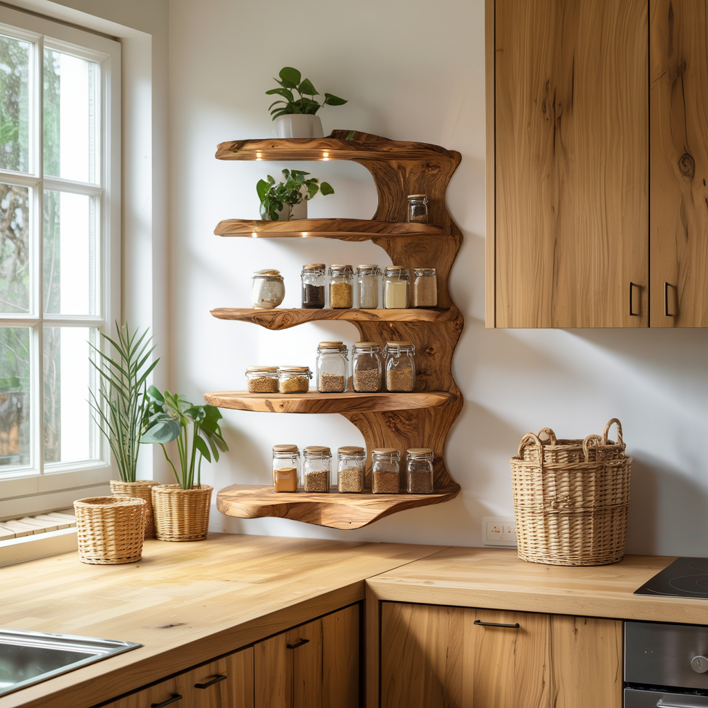 Rustic Kitchen Decor Wooden Spice Storage Shelf
