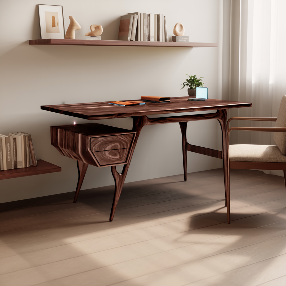 Mid Century Modern Wooden Writing Desk With Floating Drawer For Studio