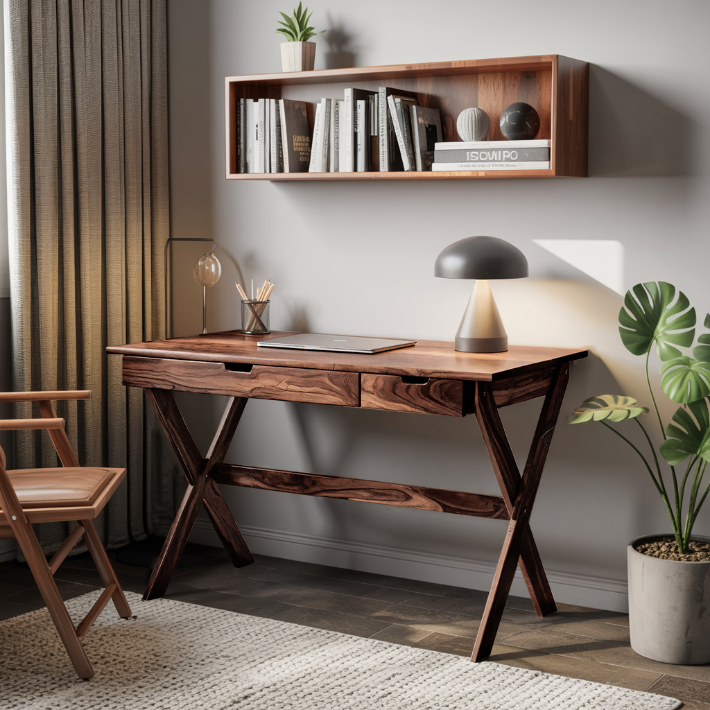 Scandinavian Wooden Desk with X Shaped Legs For Home Office Or Study