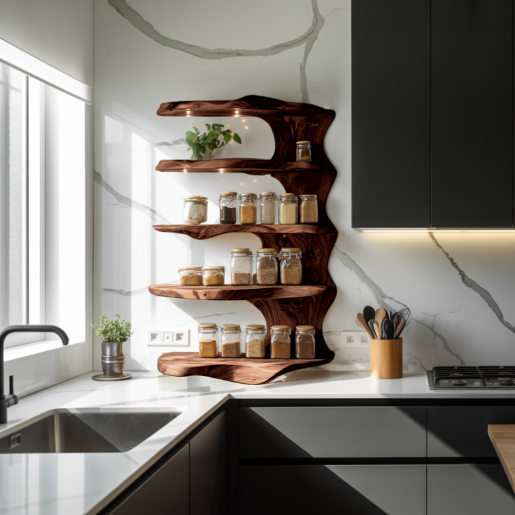 Rustic Kitchen Decor Wooden Spice Storage Shelf