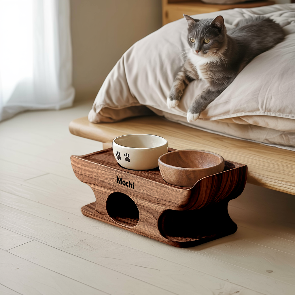 Mid Century Dog Food Bowl Stand With Wooden Base