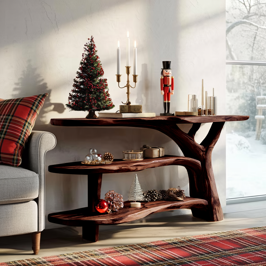 Modern Wooden Live Edge Console Table For Holiday Living Room Xmas Accent