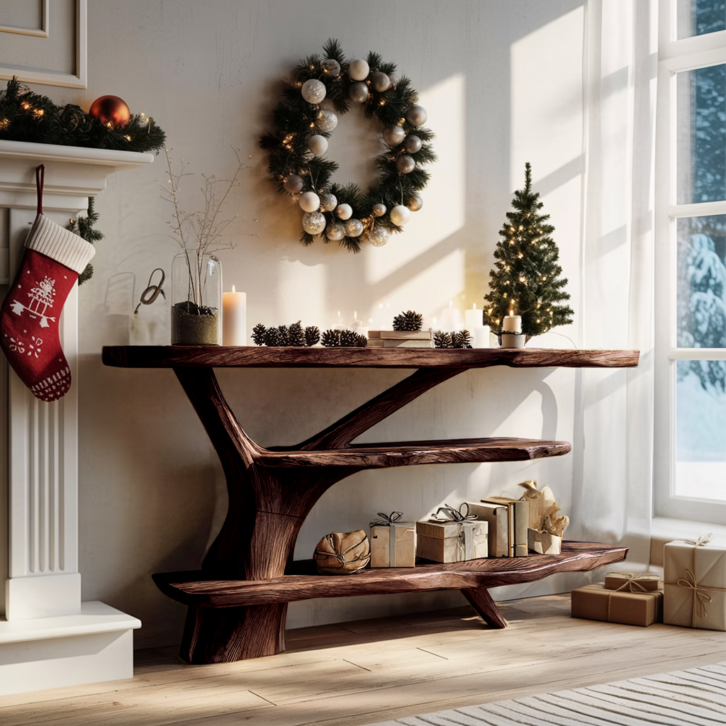 Farmhouse Wooden Live Edge Console Table For Xmas Entryway Seasonal Accent
