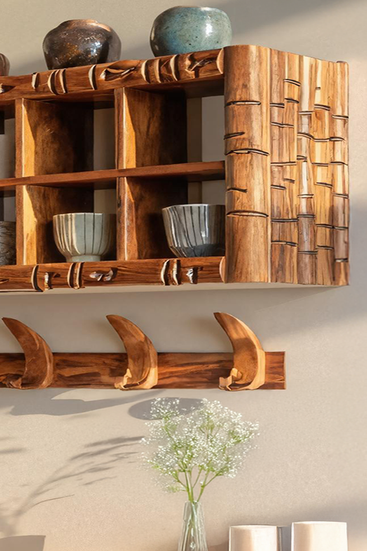 Modern Wooden Shelf With Hooks For Small Kitchen Design