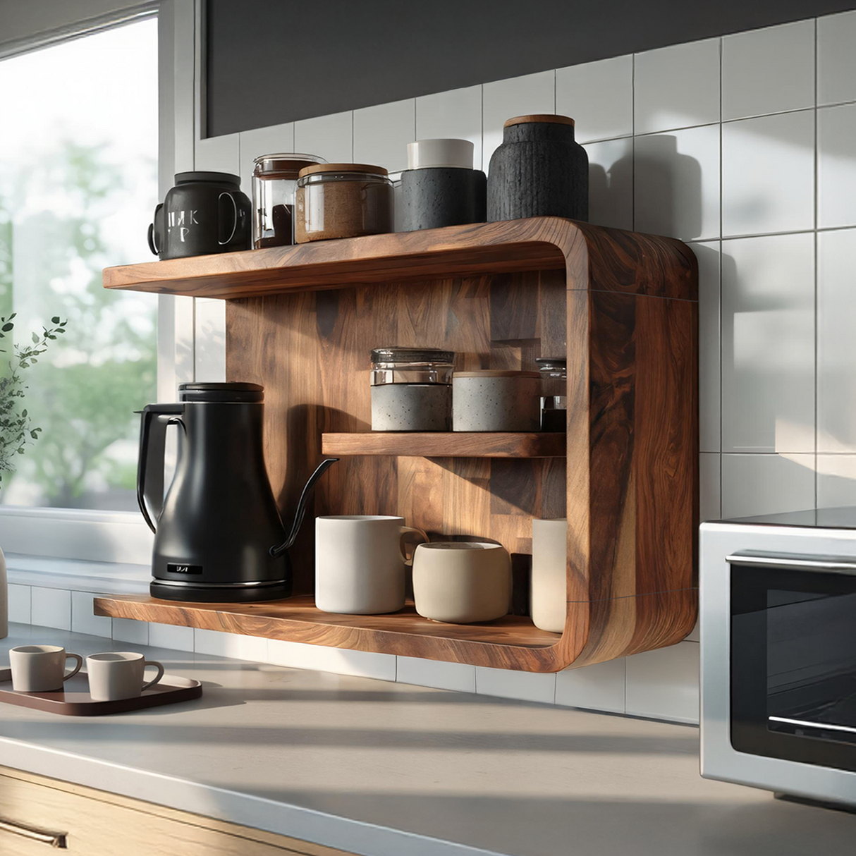 Minimalist Wooden Shelf With Hooks For Pantry Organization