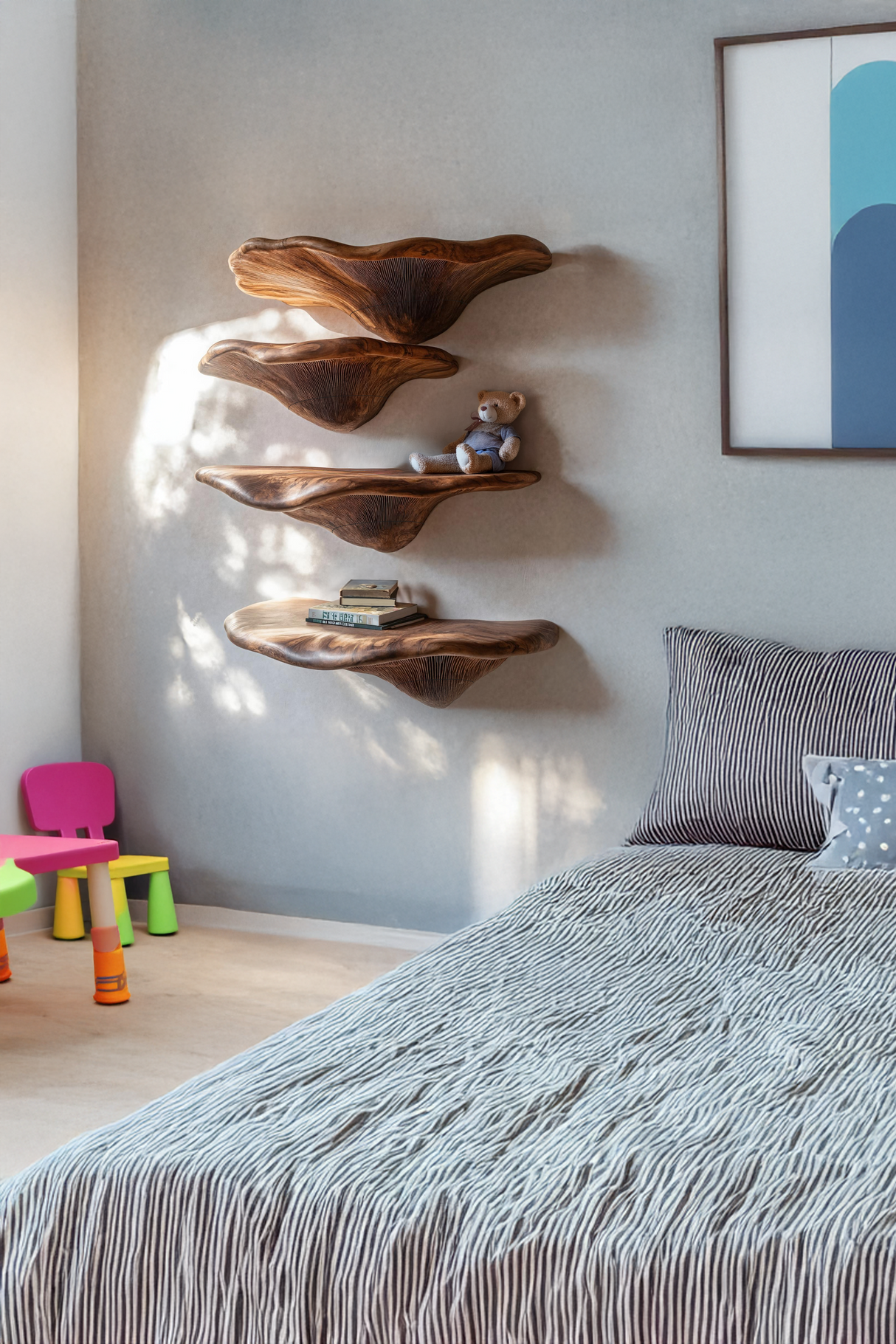 Mid Century Solid Wood Mushroom Shelf For Living Room Wall Decor
