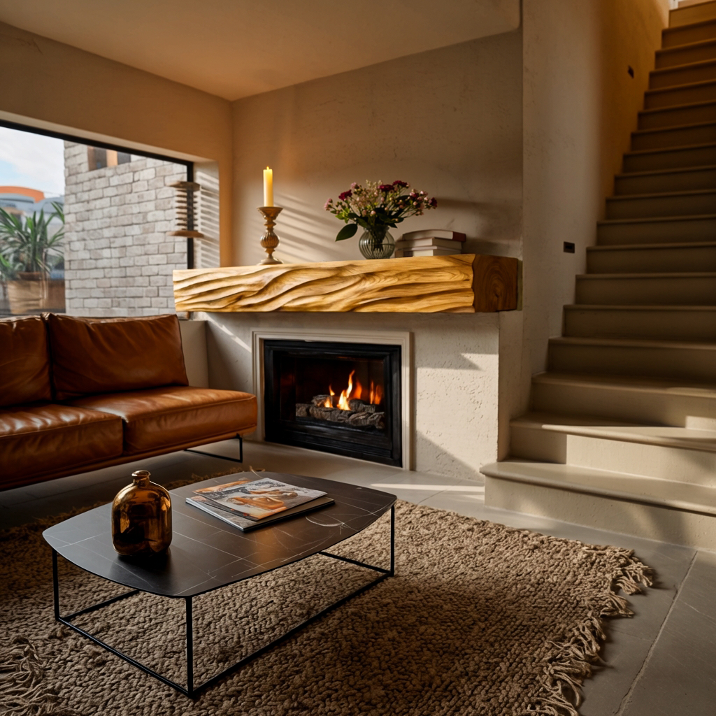 Rustic Wooden Floating Fireplace Shelf For Living Room Interior