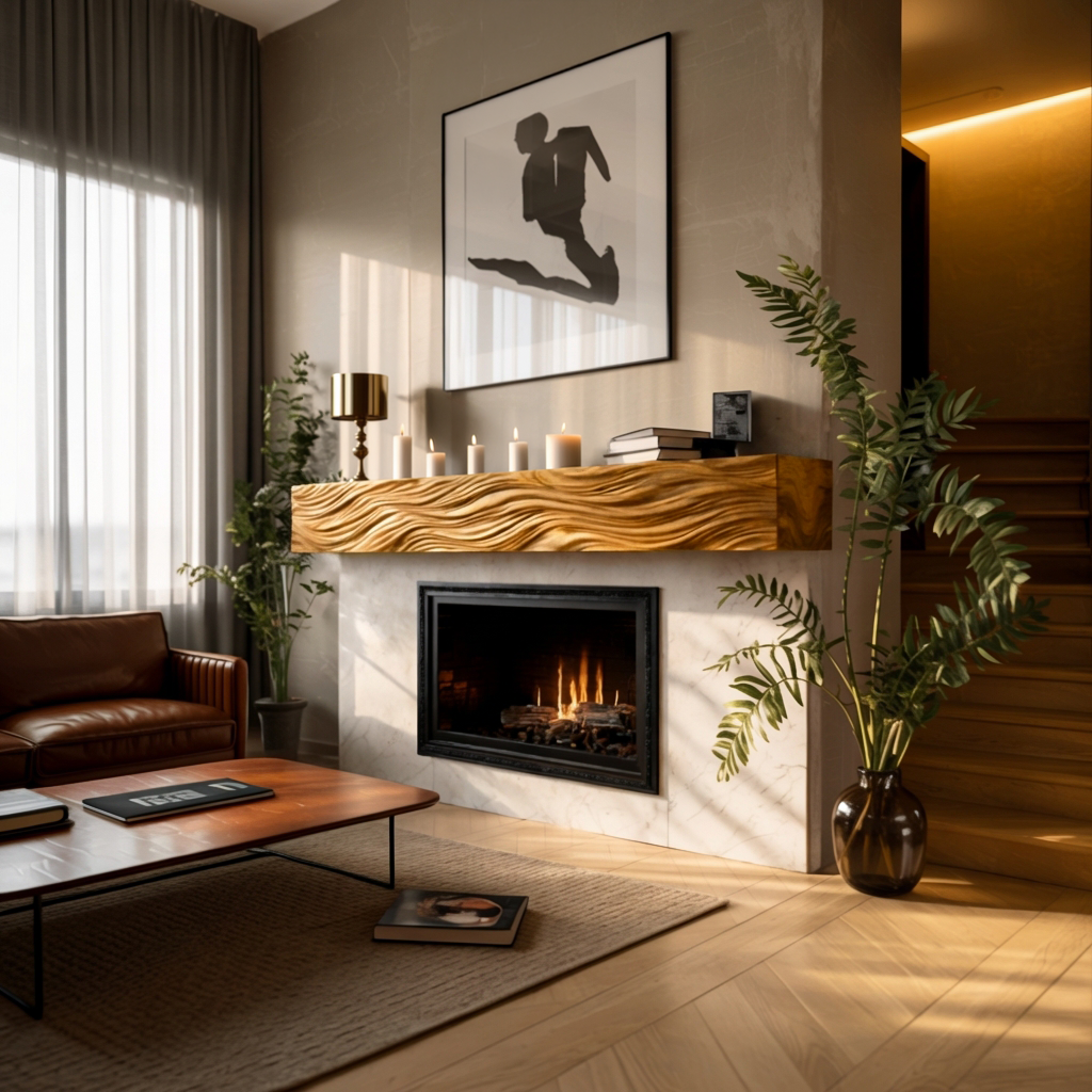 Rustic Wooden Floating Fireplace Shelf For Living Decor