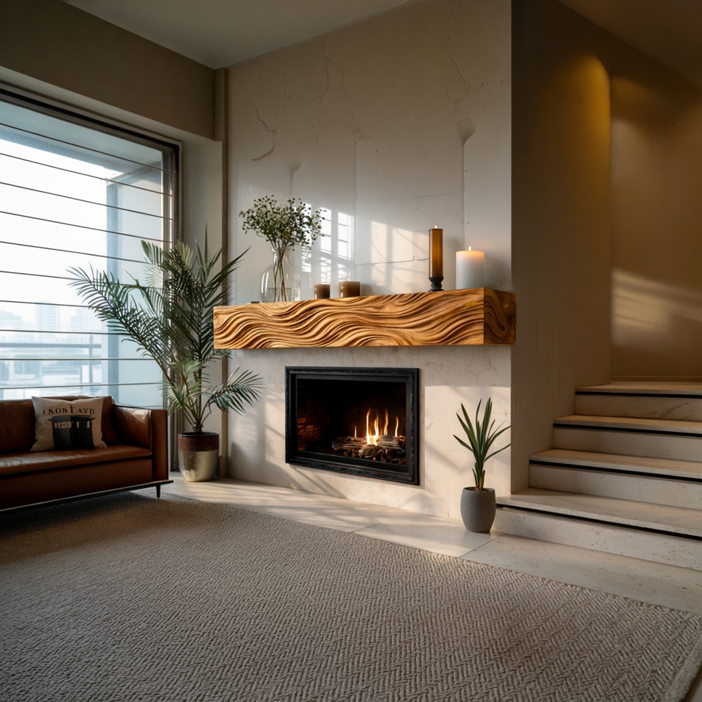 Wooden Fireplace Shelf With Wave Carved For Modern Home Decor