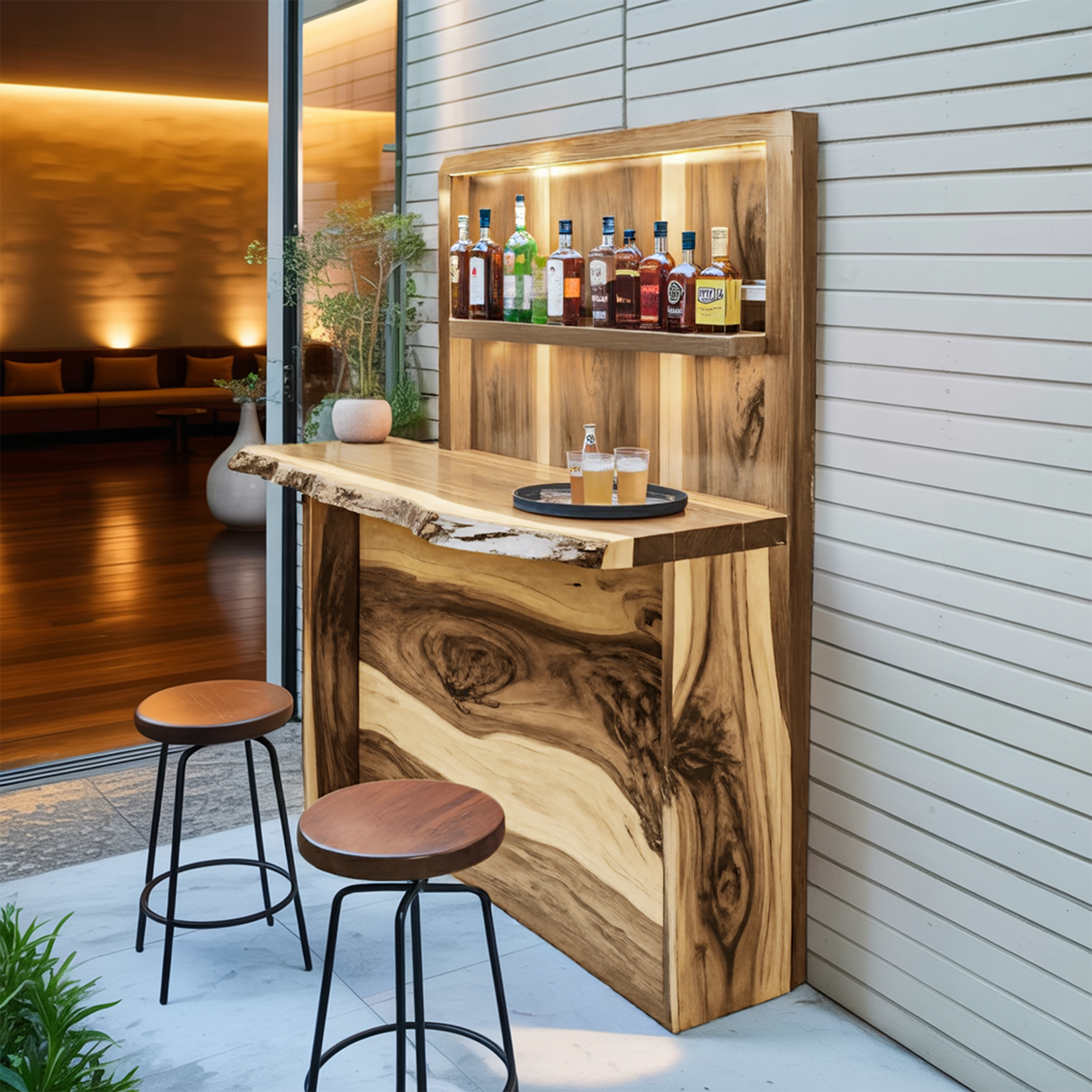 Rustic Live Edge Outdoor Bar Counter With Shelves For Patio